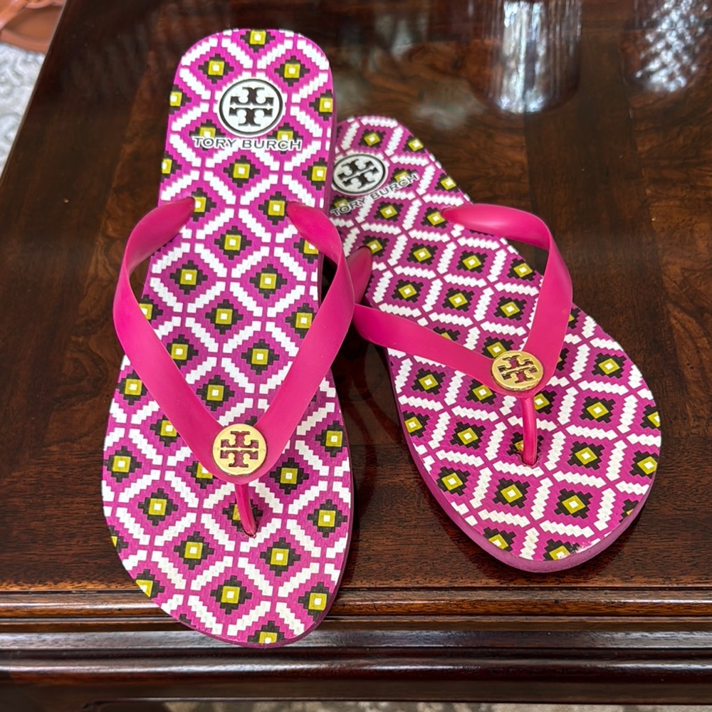 Tory Burch Pink and Yellow Patterned Sandals